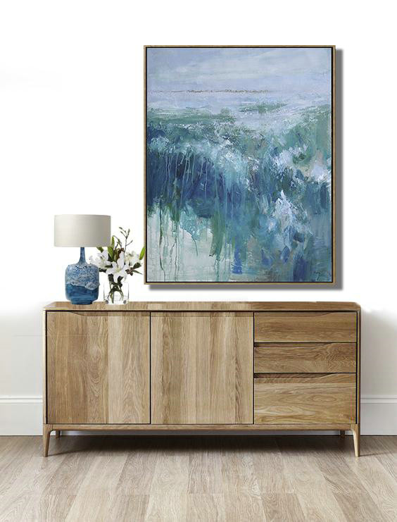 Oversized Abstract Landscape Painting,Acrylic Painting Wall Art,Grey,Dark Blue,White,Green - Click Image to Close